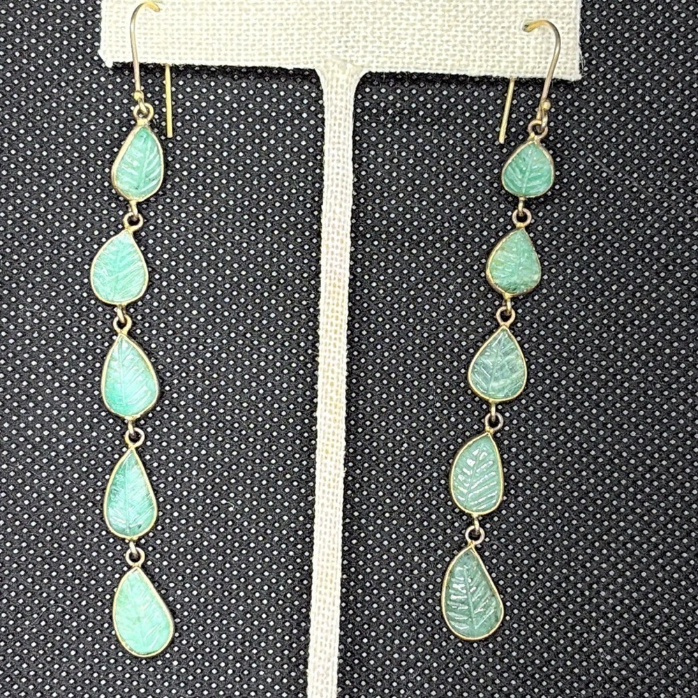 Etched Emerald and Gold Drop Earrings | 3”